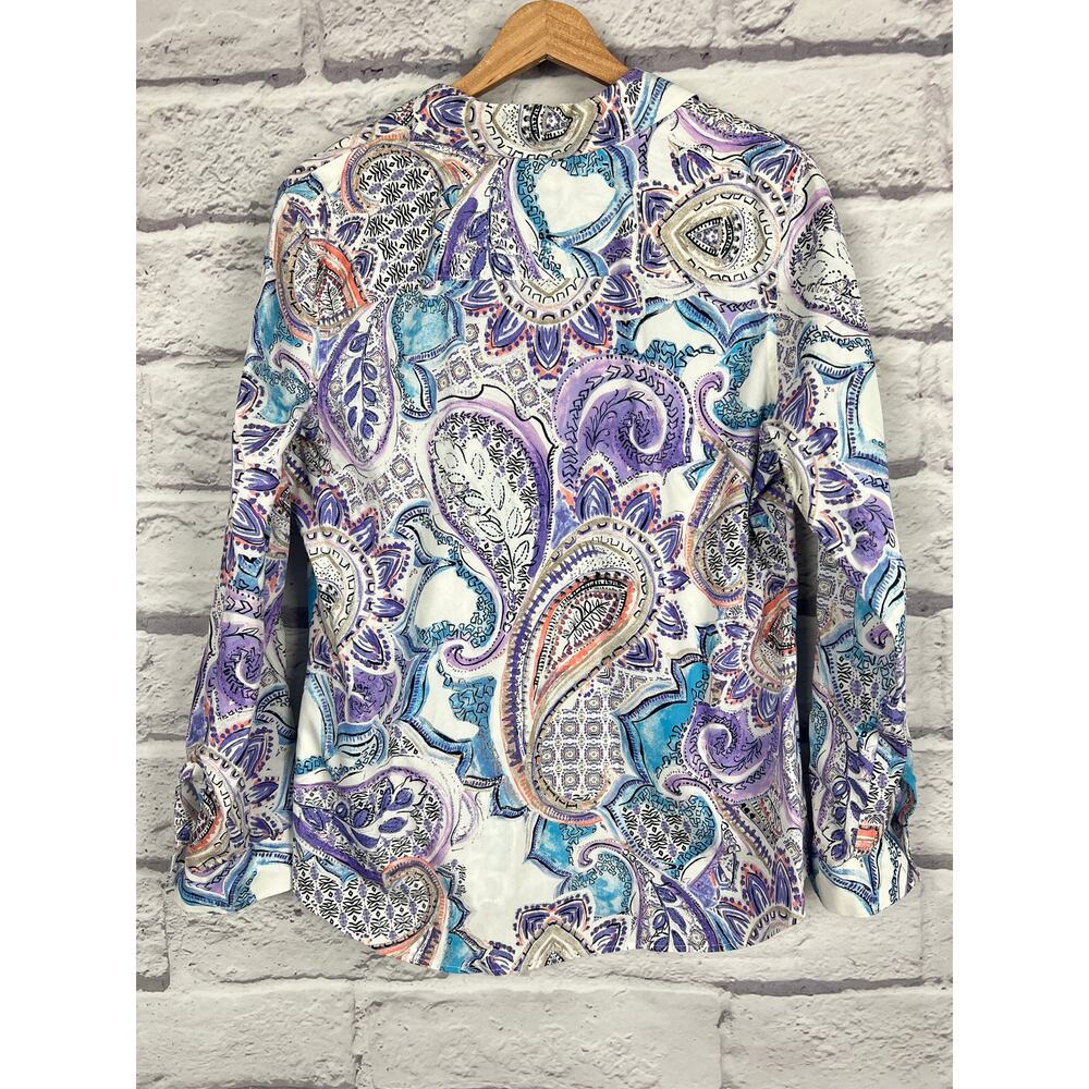 Chico's Women's M Boho Artsy Coastal Resortwear Vacation Paisley Print Blouse - Picture 4 of 13